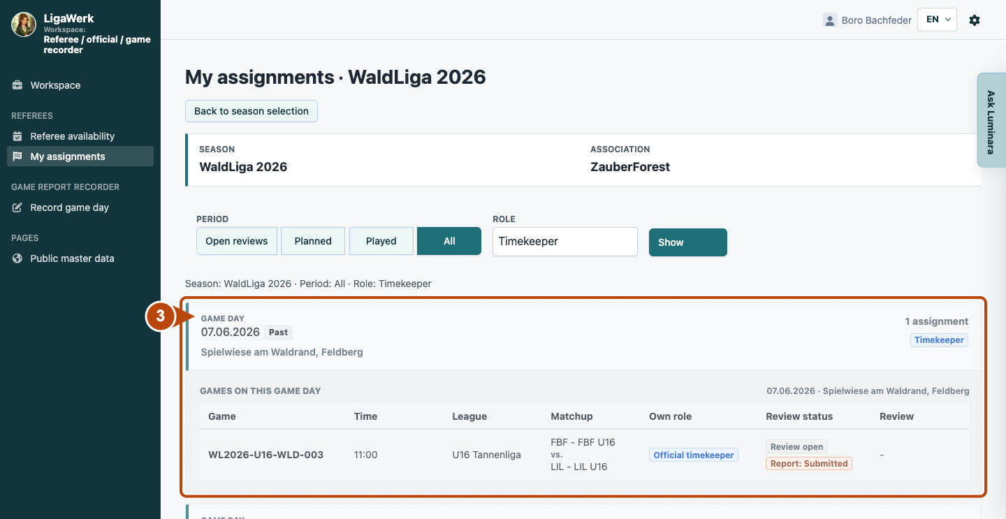 Your own complete timekeeper assignment highlighted with game day, venue, game, time, matchup and Official timekeeper function.