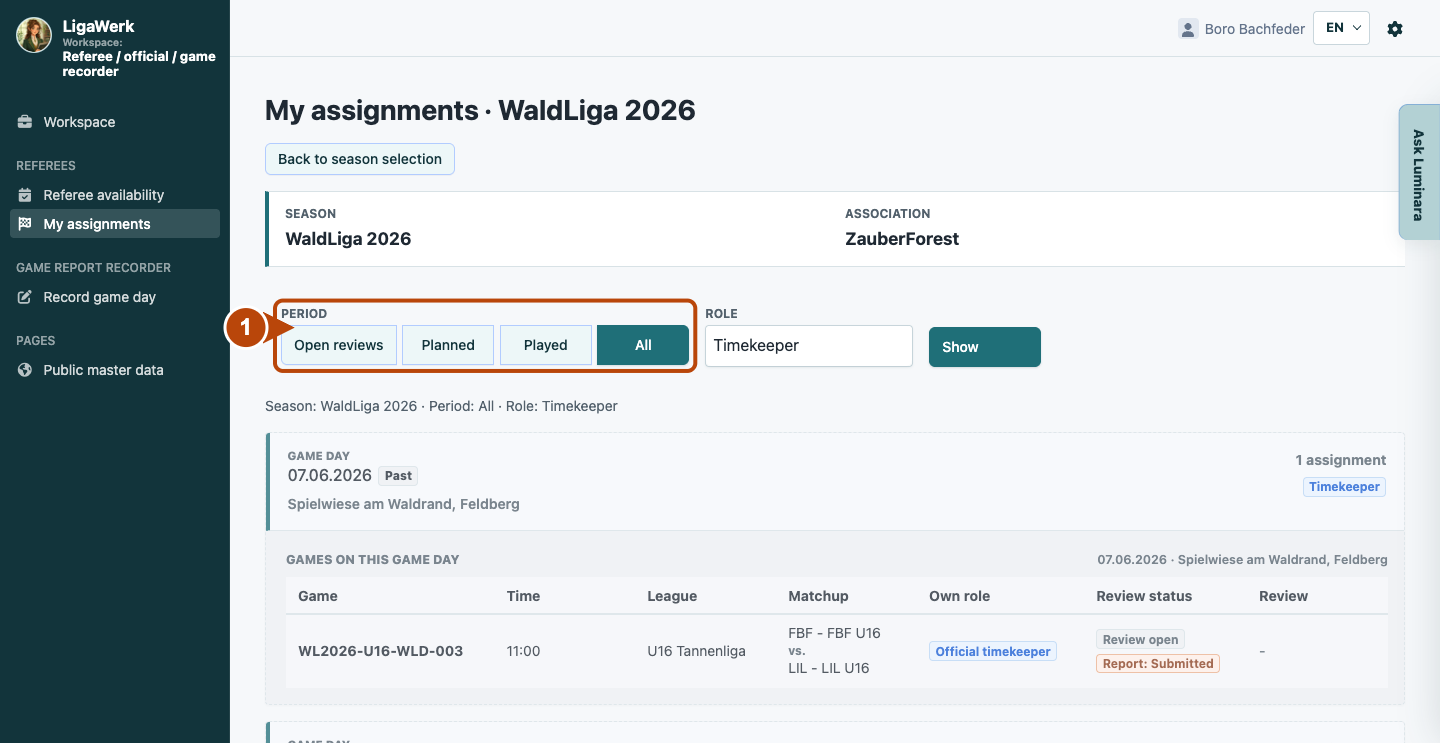Personal official assignment overview with workspace, active season and highlighted time-range filter.