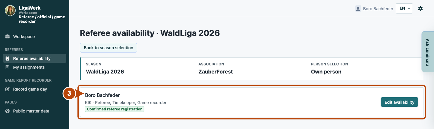 Referee availability with season, own-person selection and highlighted Edit availability action.