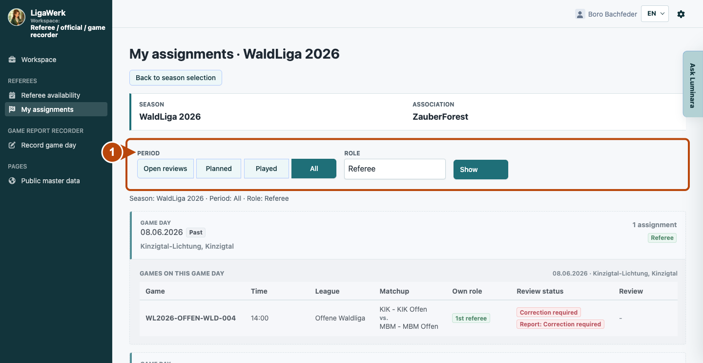 Personal referee assignment overview with navigation, season and highlighted time-range and role filters.