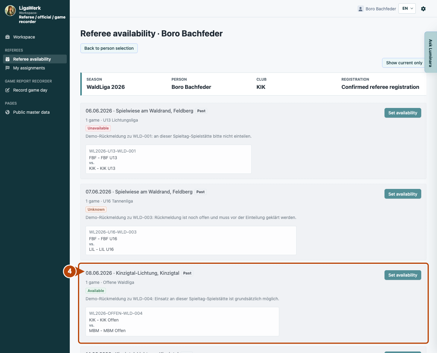 Your own referee availability list with person context and the highlighted game day, venue and Set availability action.