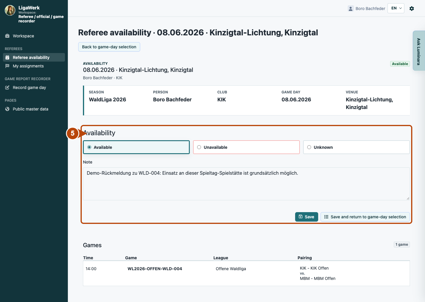 Actual availability form with person, season, date and venue, highlighting status options, note and both save actions.