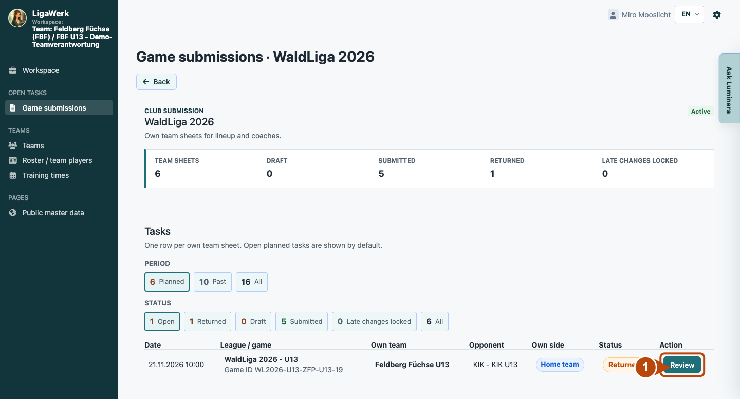 Application view with team workspace and Game submissions; the arrow points to Record for your own game.