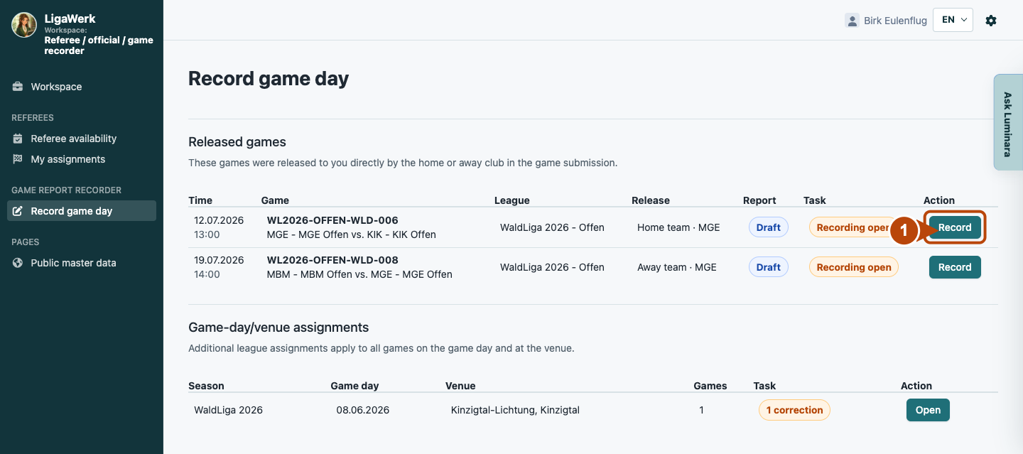 Record game day in the recorder workspace with club permissions and league assignments; number one marks Record for a game.