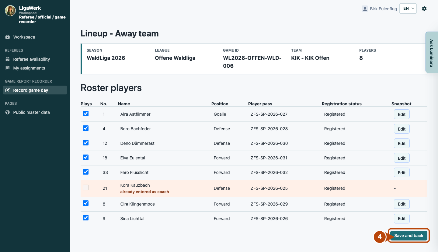 Away team lineup with game context, existing ticks and highlighted Save and back action as step four.