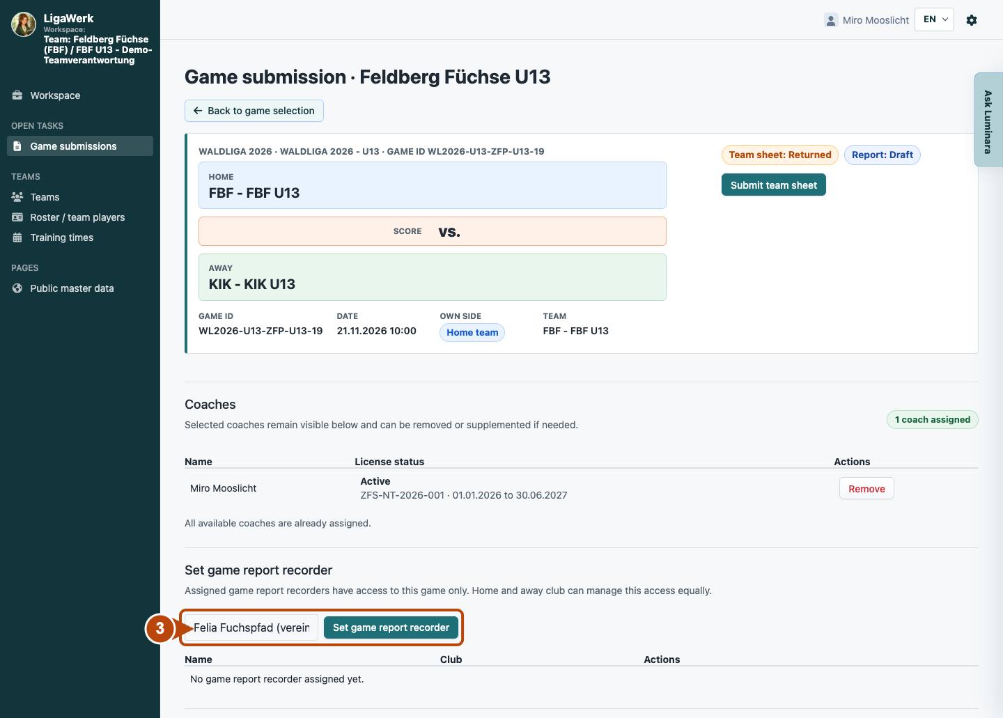 Your own game submission with navigation and game context; the frame shows the selection and Set game report recorder.
