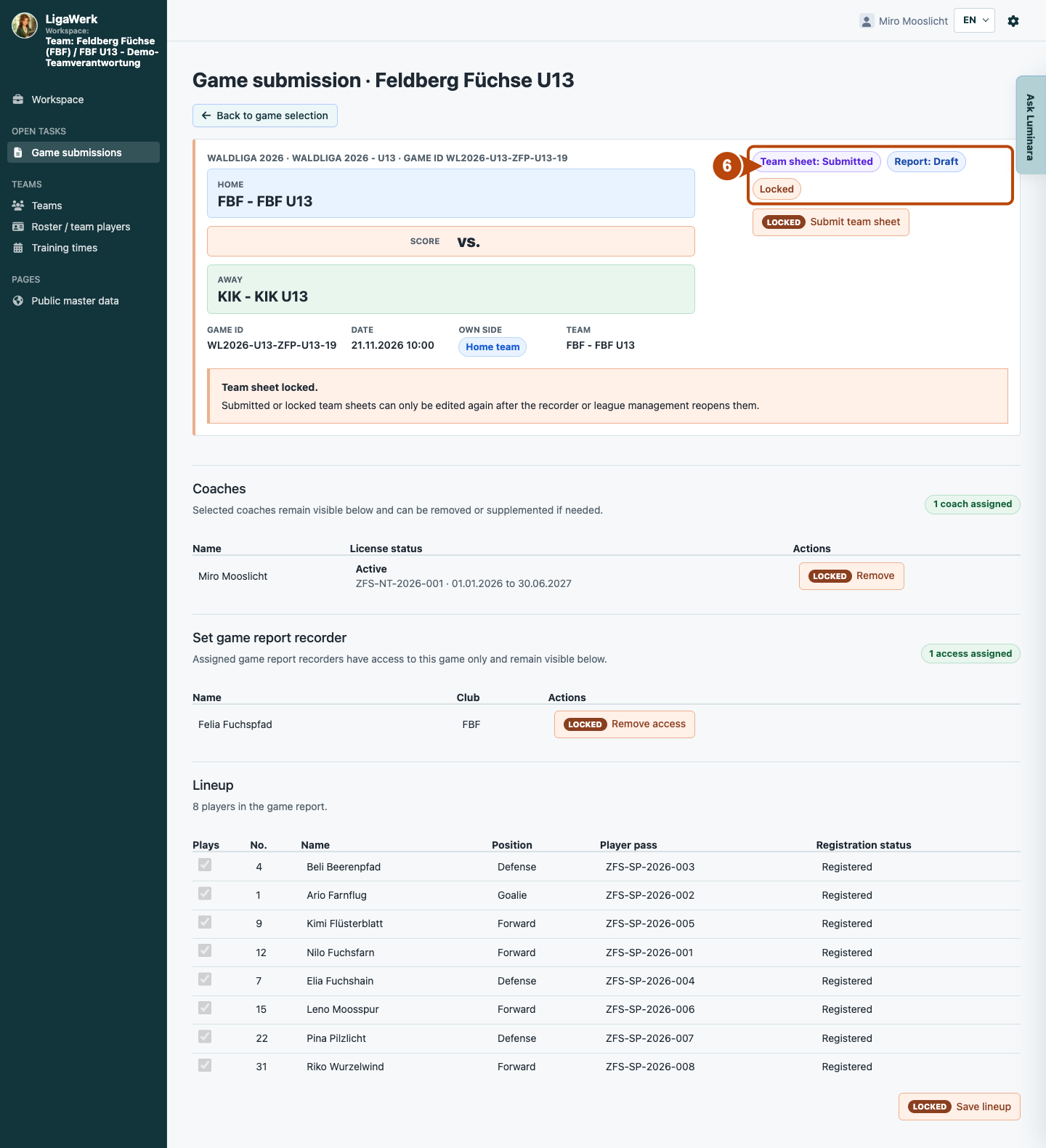 Game registration after an actual submission; the frame shows the team-sheet status separately from the report status.
