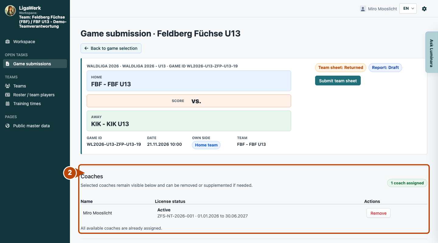 Game registration after adding a coach, with the saved coach list and licence status highlighted.