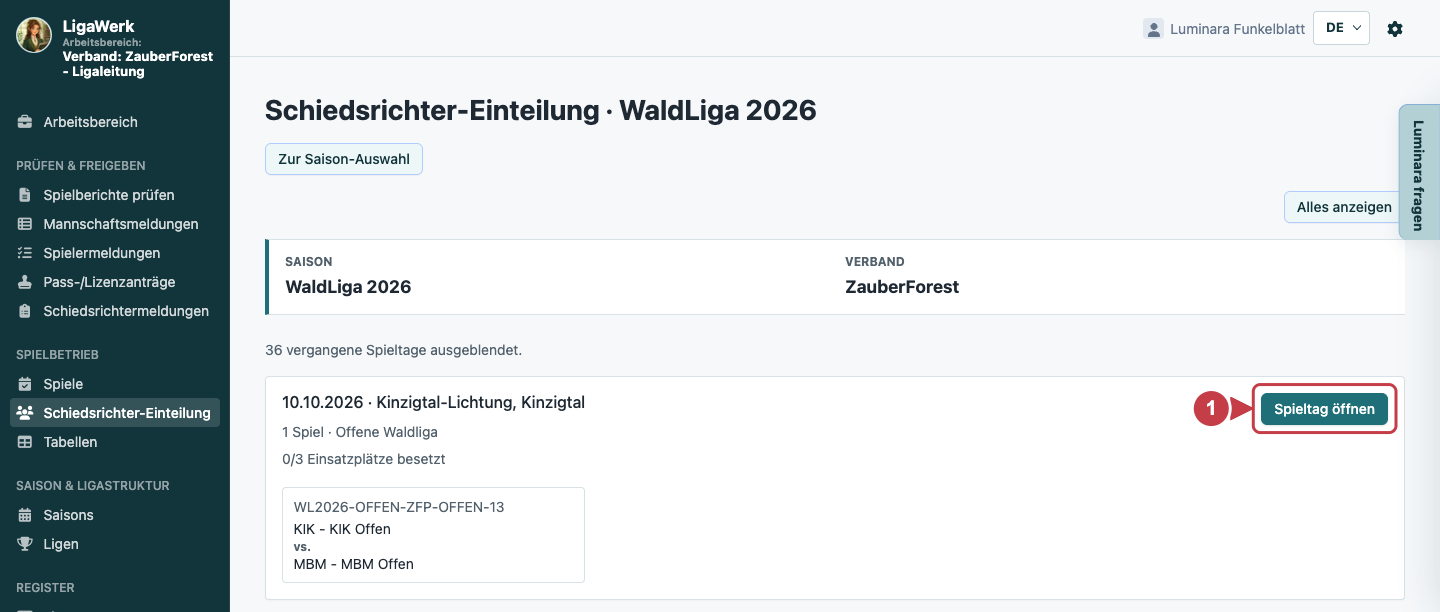 Schiedsrichter-Einteilung im Verband-Arbeitsbereich mit Saison und Spieltagsübersicht; Nummer eins zeigt auf Spieltag öffnen.