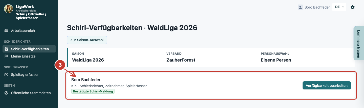 Schiri-Verfügbarkeiten mit Saison, Personauswahl Eigene Person und markierter Aktion Verfügbarkeit bearbeiten.