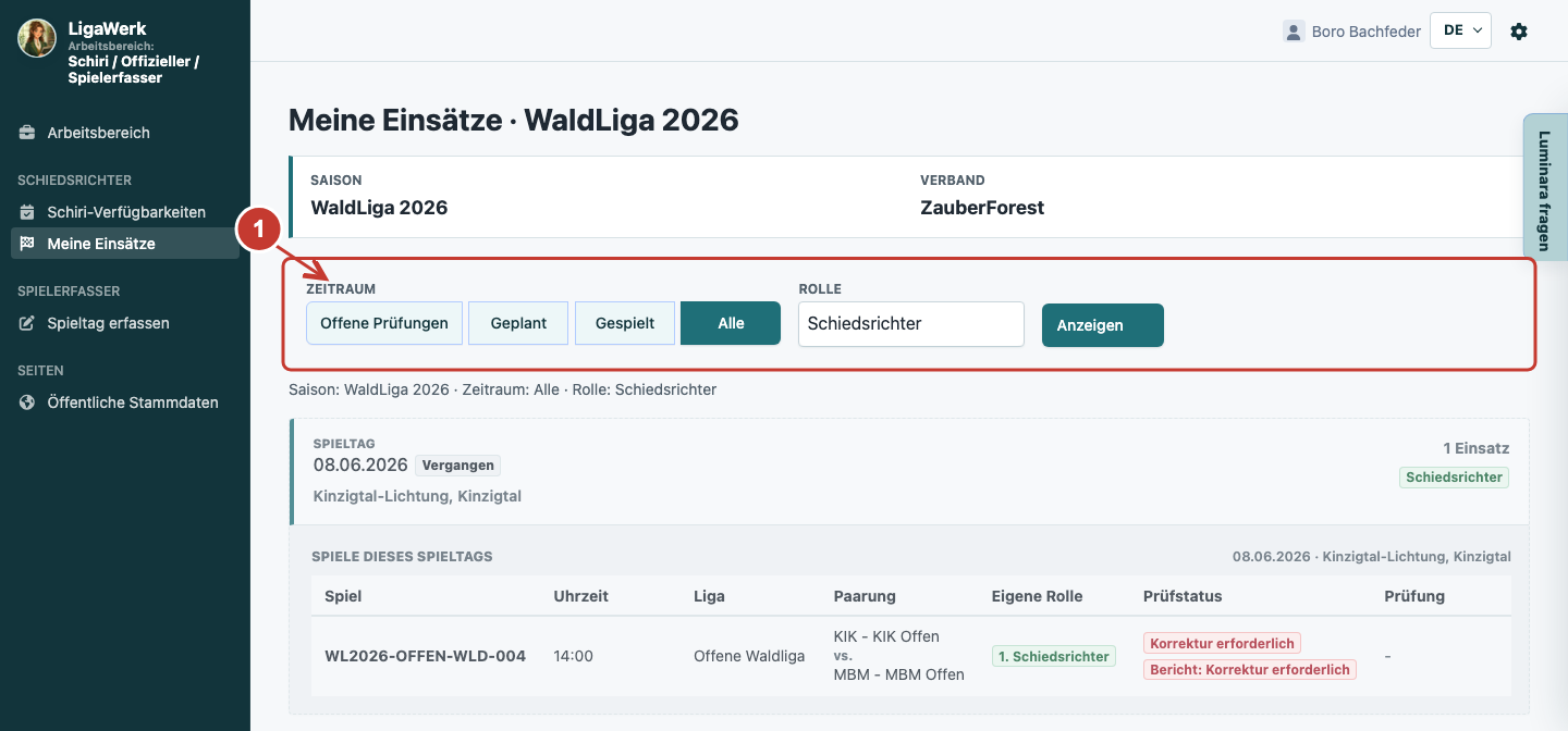 Persönliche Schiri-Einsatzübersicht mit Navigation, Saison und markierten Zeitraum- und Rollenfiltern.