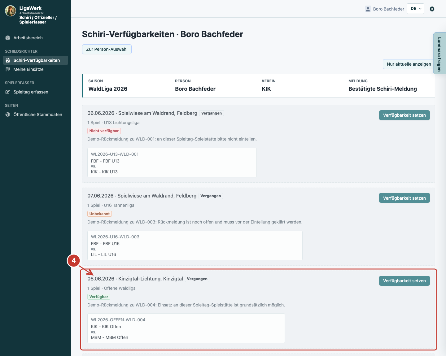 Eigene Schiri-Verfügbarkeitsliste mit Personenkontext und markiertem Spieltag samt Spielstätte und Verfügbarkeit setzen.