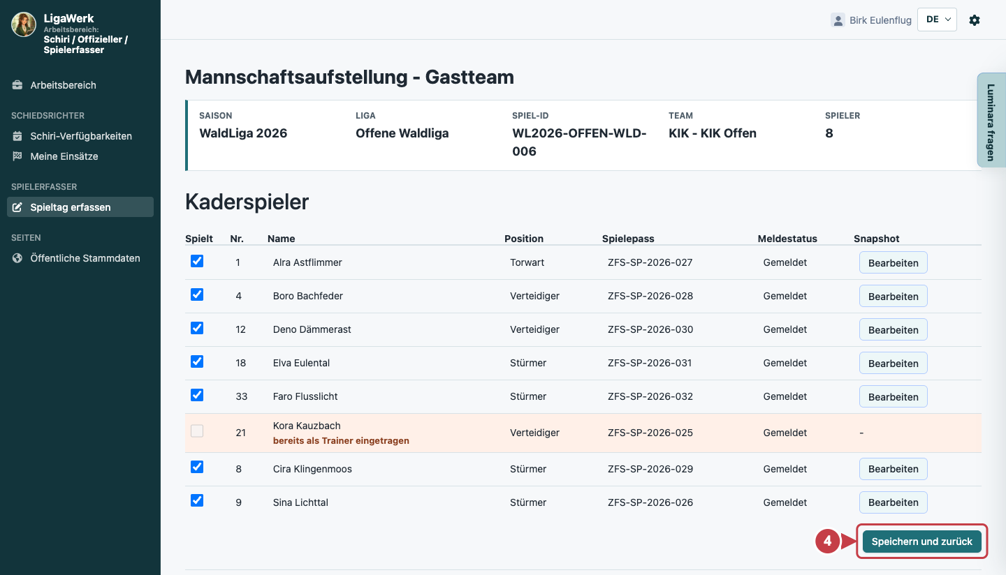 Mannschaftsaufstellung der Gastseite mit Spielkontext, vorhandenen Häkchen und markiertem Speichern und zurück als Schritt vier.