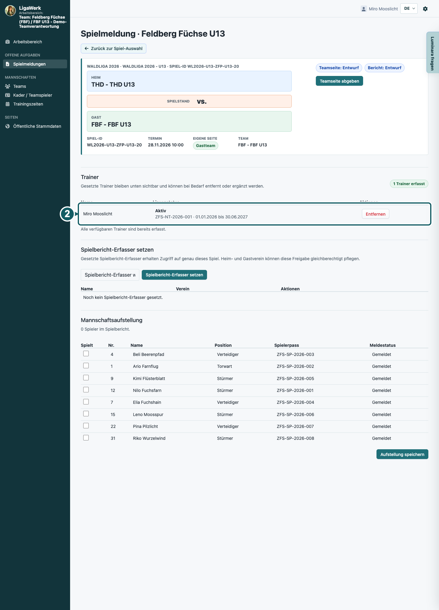 Spielmeldung nach dem Hinzufügen mit markierter Trainerliste und Lizenzstatus.