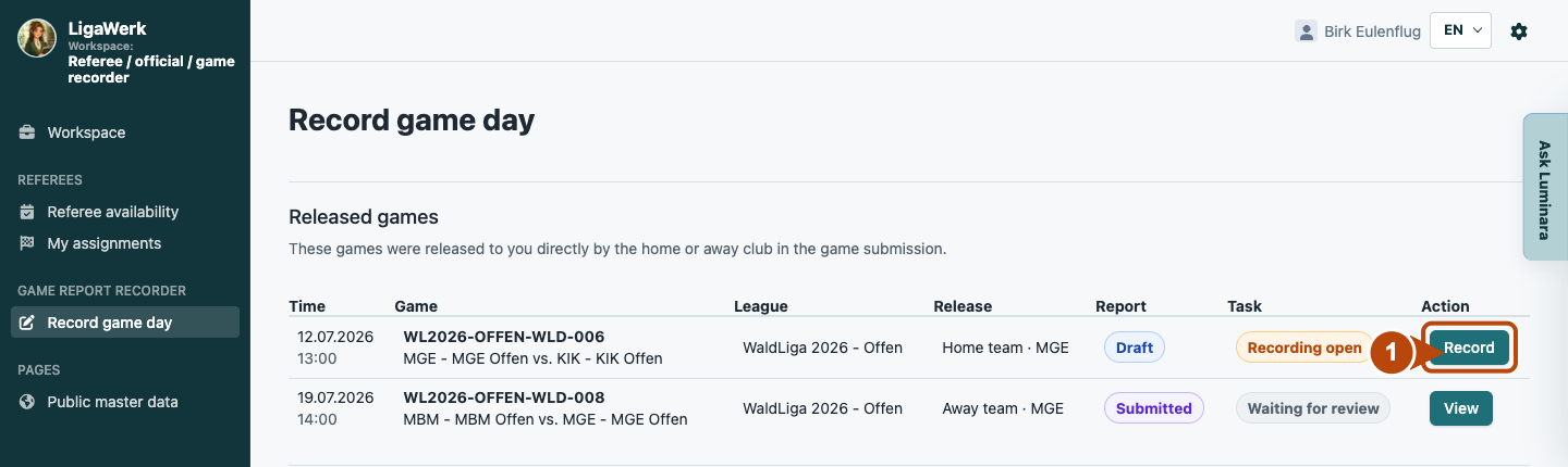 Game recorder workspace with released games; number one marks Record for the selected game.
