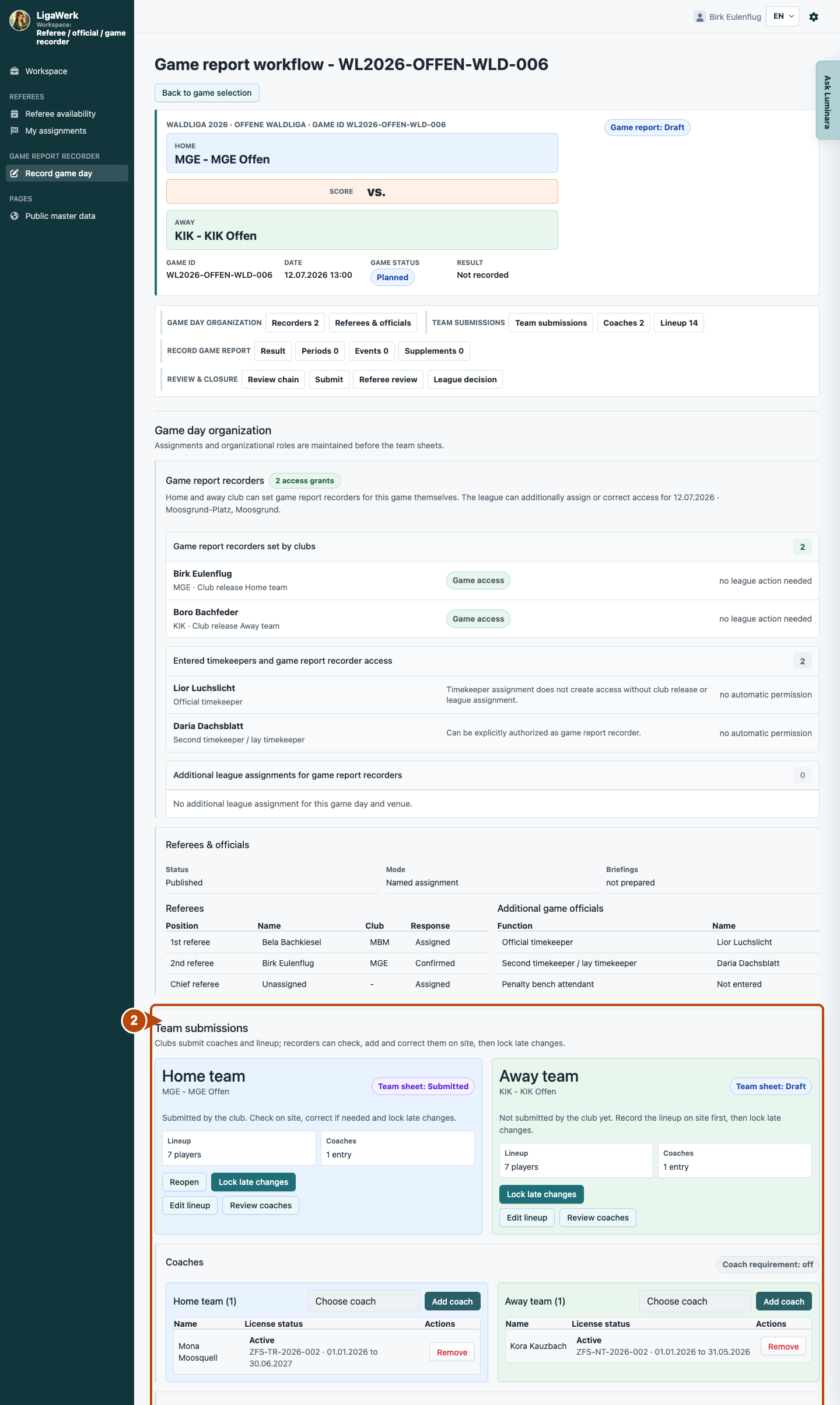 Game report workflow with game context and both team sheets; number two frames submission status, lineup and coach information.