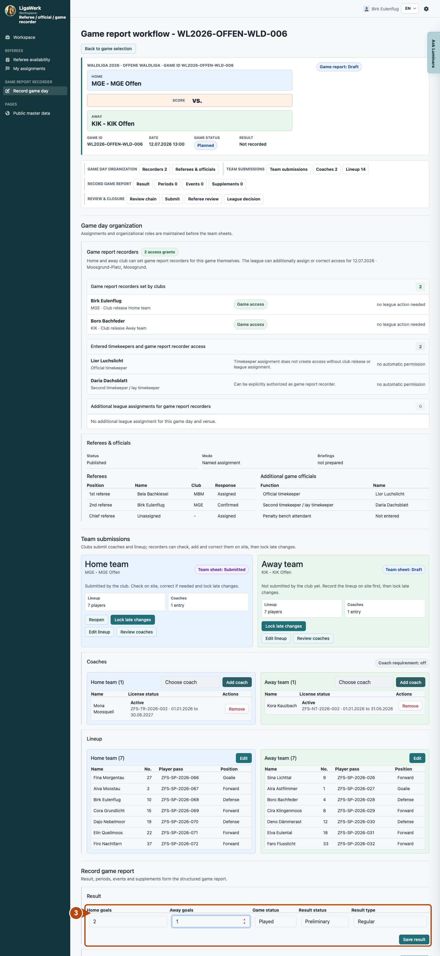Full application view down to the completed score and status form; number three marks the selections and save action.