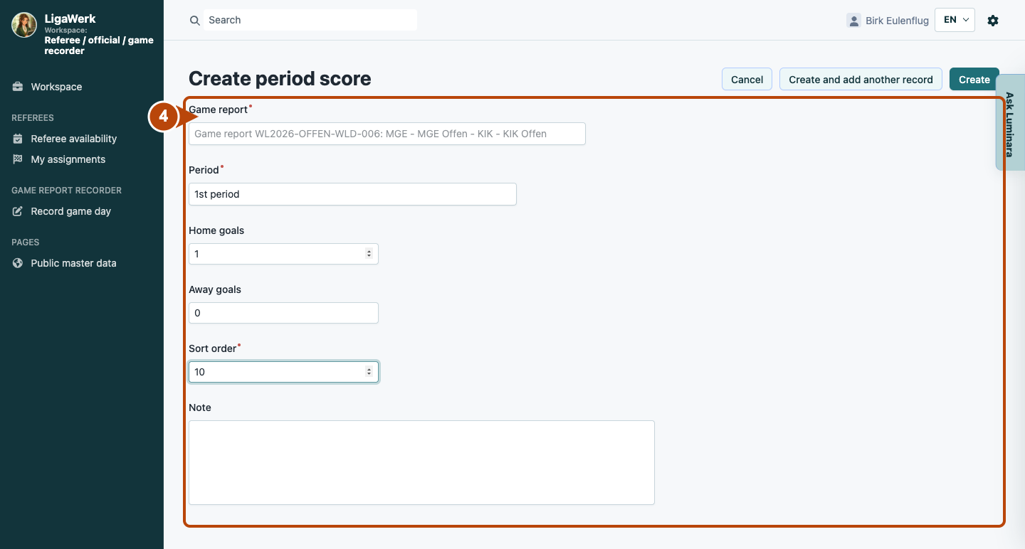 Create period score form with navigation and linked game report; number four marks the period, scores and form fields.