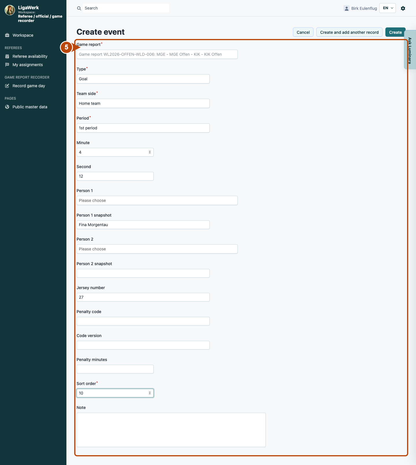 Event form for the same game with Goal, home team, period, time and person snapshot; number five marks the inputs.