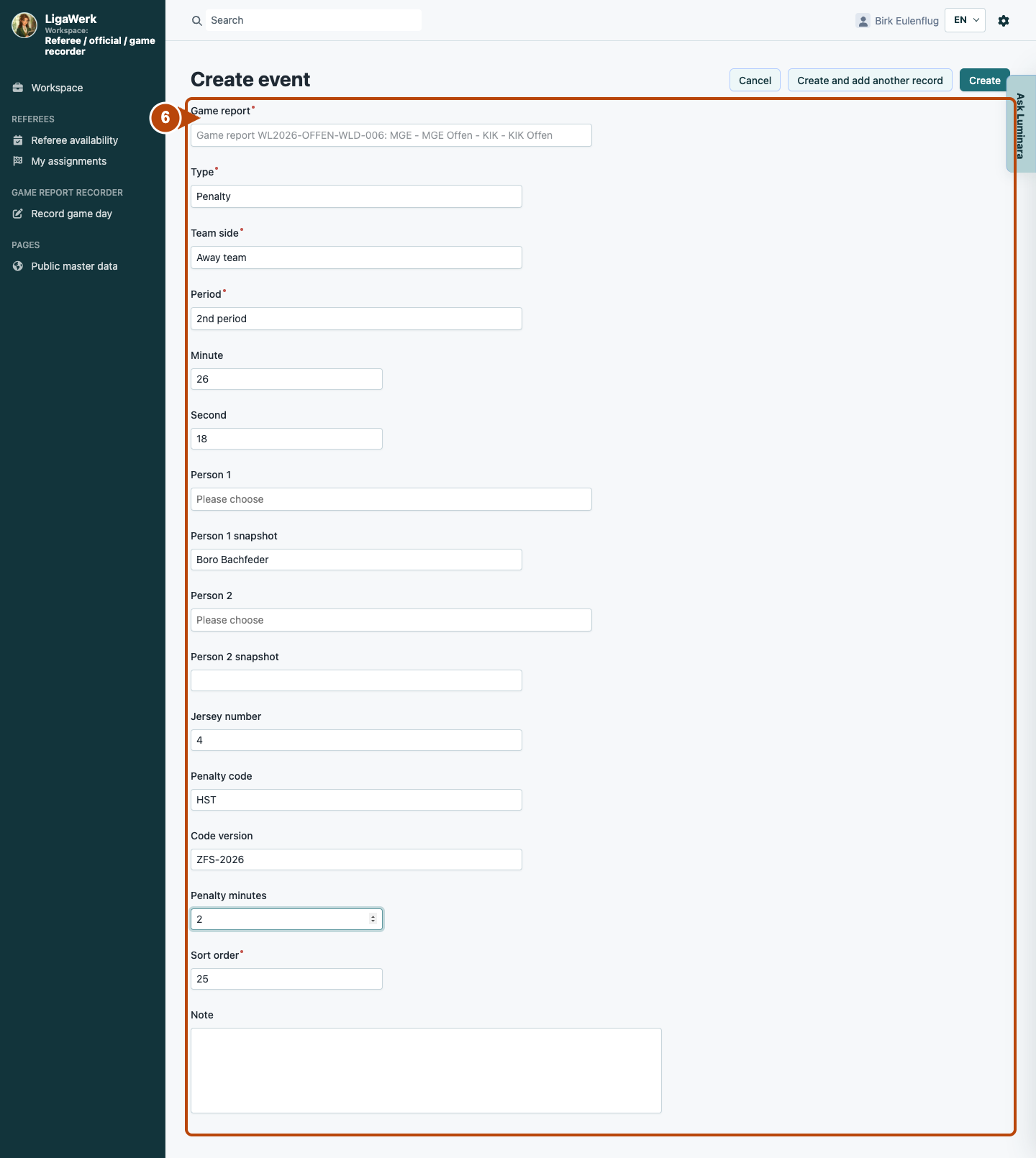 Event form with Penalty, team, game time, person snapshot and complete penalty details; number six marks the form.