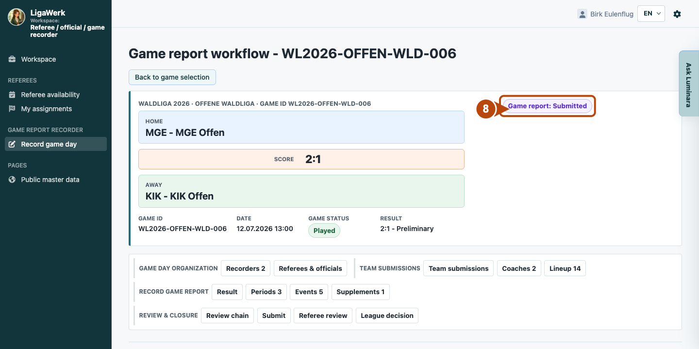 Game header after actual submission with Submitted report status and retained section navigation.