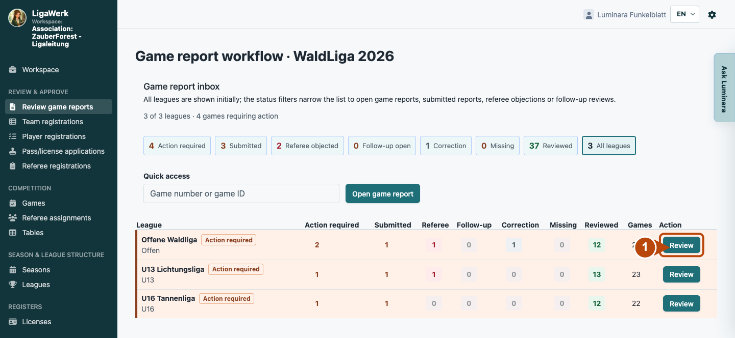 Game report workflow for the selected season with leagues and report statuses; number one marks league entry.