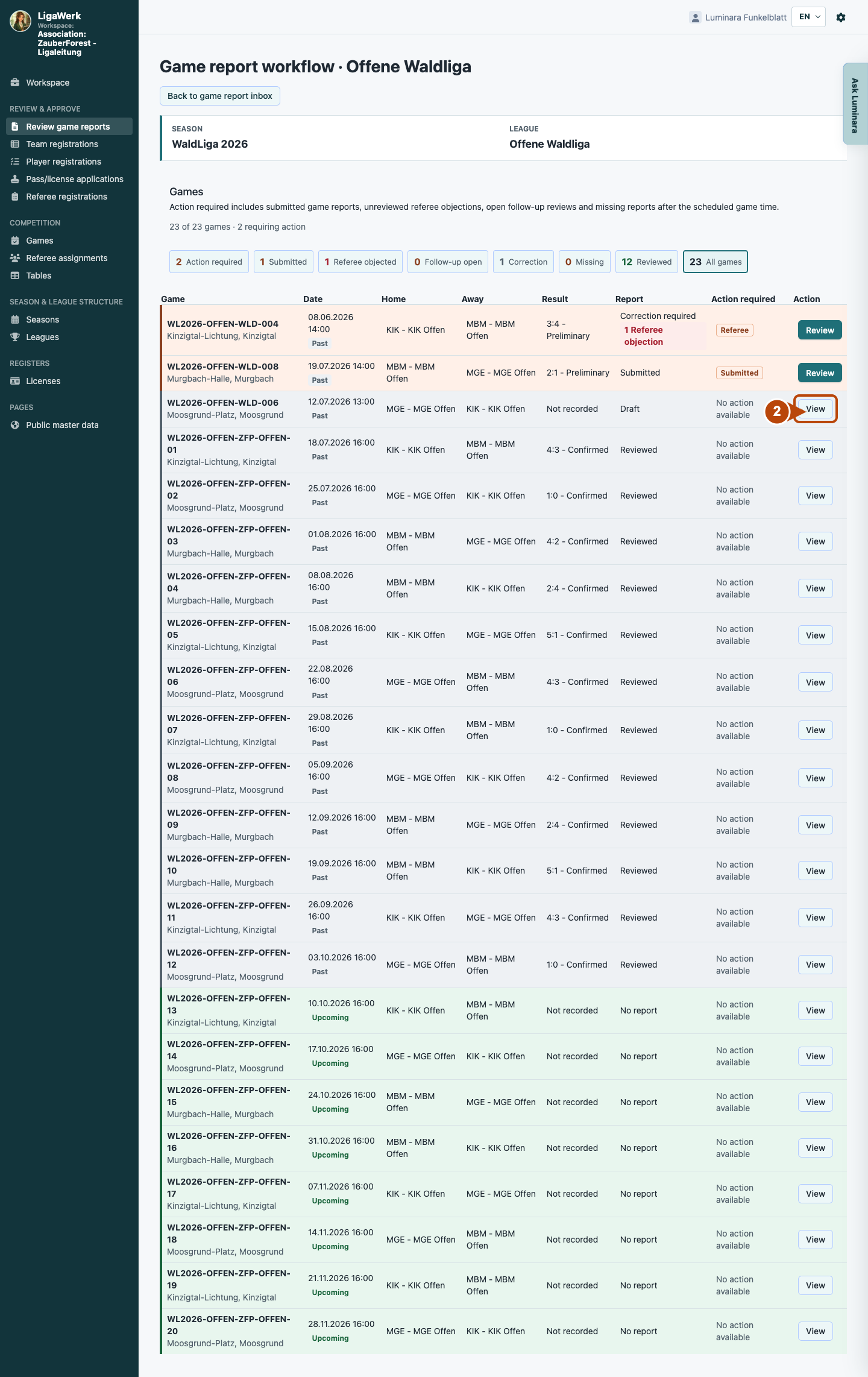Games in the selected league with dates, teams and report statuses; number two marks entry to the specific draft.