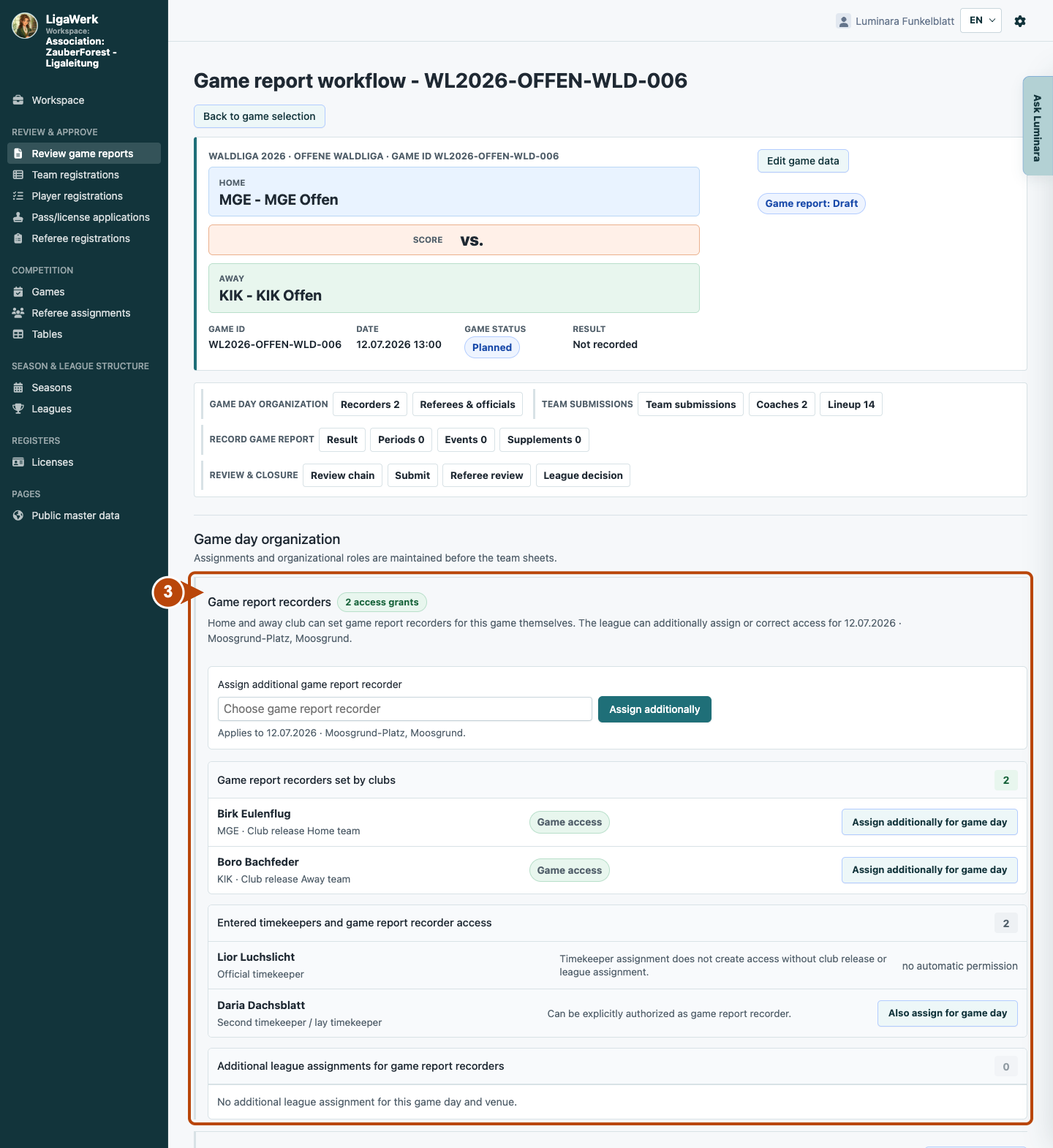 Game report in the league workspace with game context, existing club approvals and additional league assignments; number three frames the full recorder section.