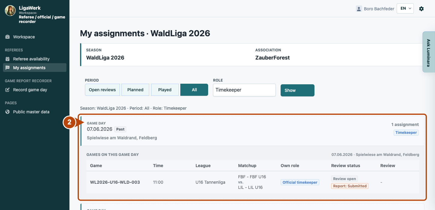 Own timekeeper assignment with game day, venue, game ID, teams and function; number two frames the full assignment context.