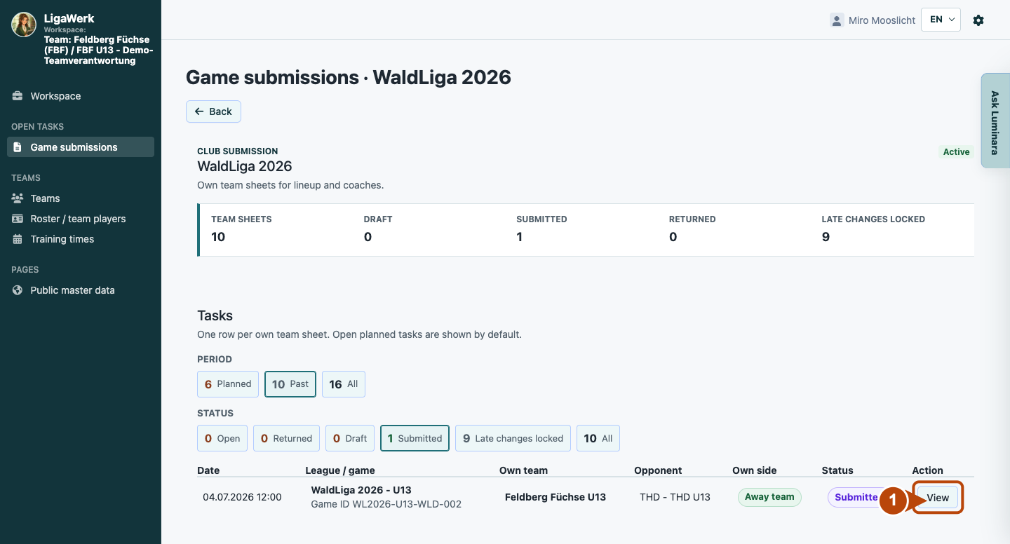 Own game submissions in the team workspace with period and status filters; number one points to View for the relevant game.
