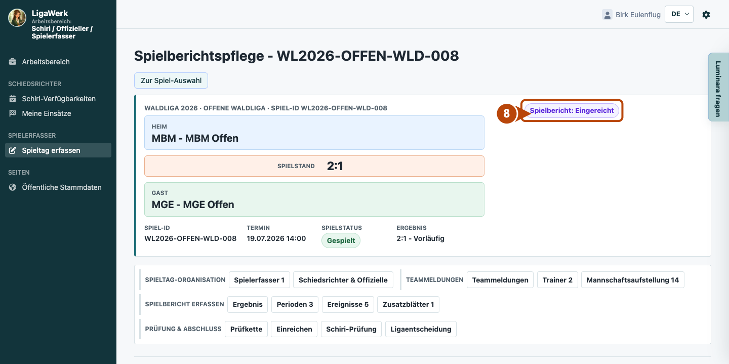 Spielkopf nach tatsächlichem Einreichen mit Berichtstatus Eingereicht und erhaltener Bereichsnavigation.
