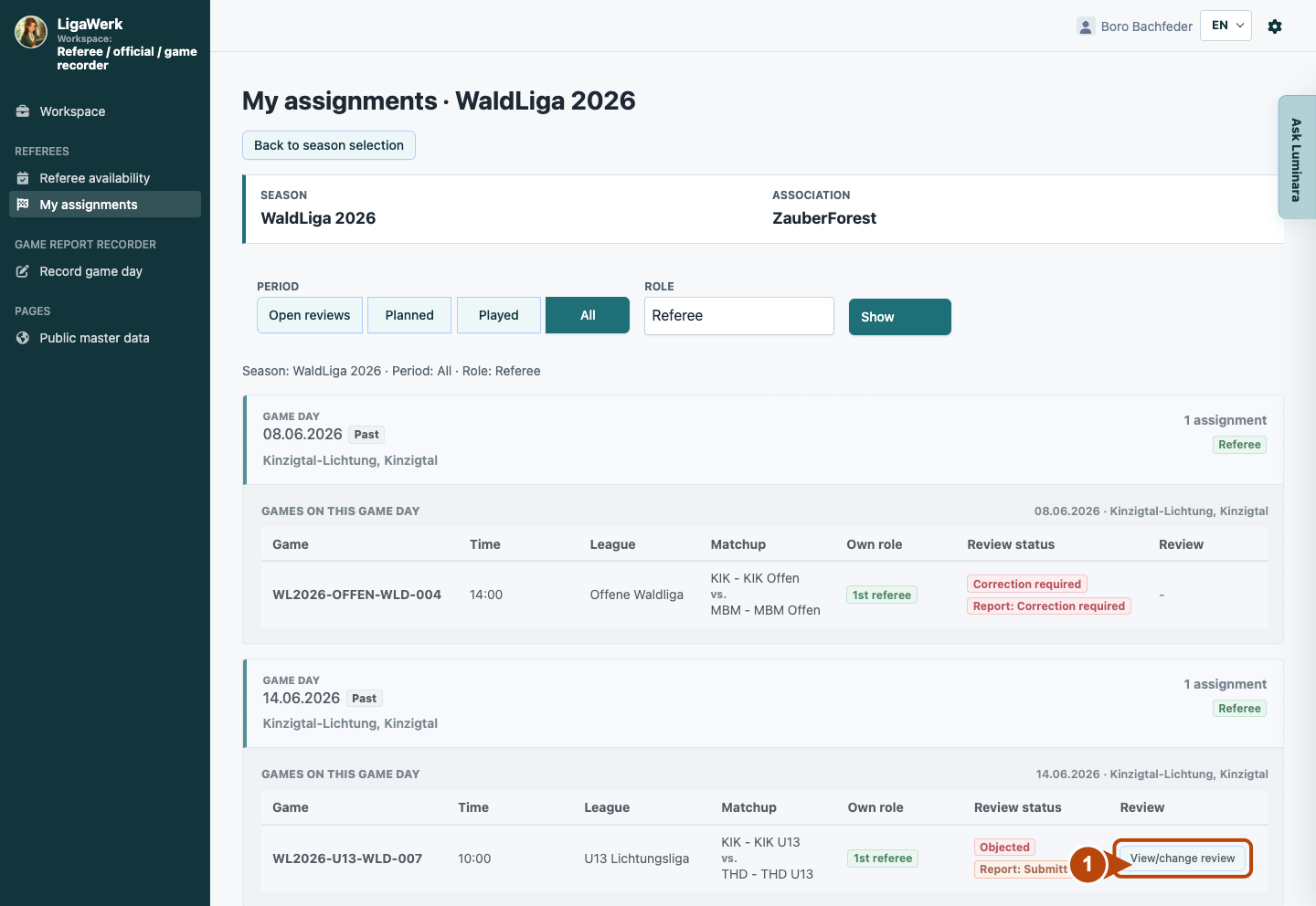 LigaWerk in the referee workspace: open your own reviewable assignment; number 1 highlights the relevant section.