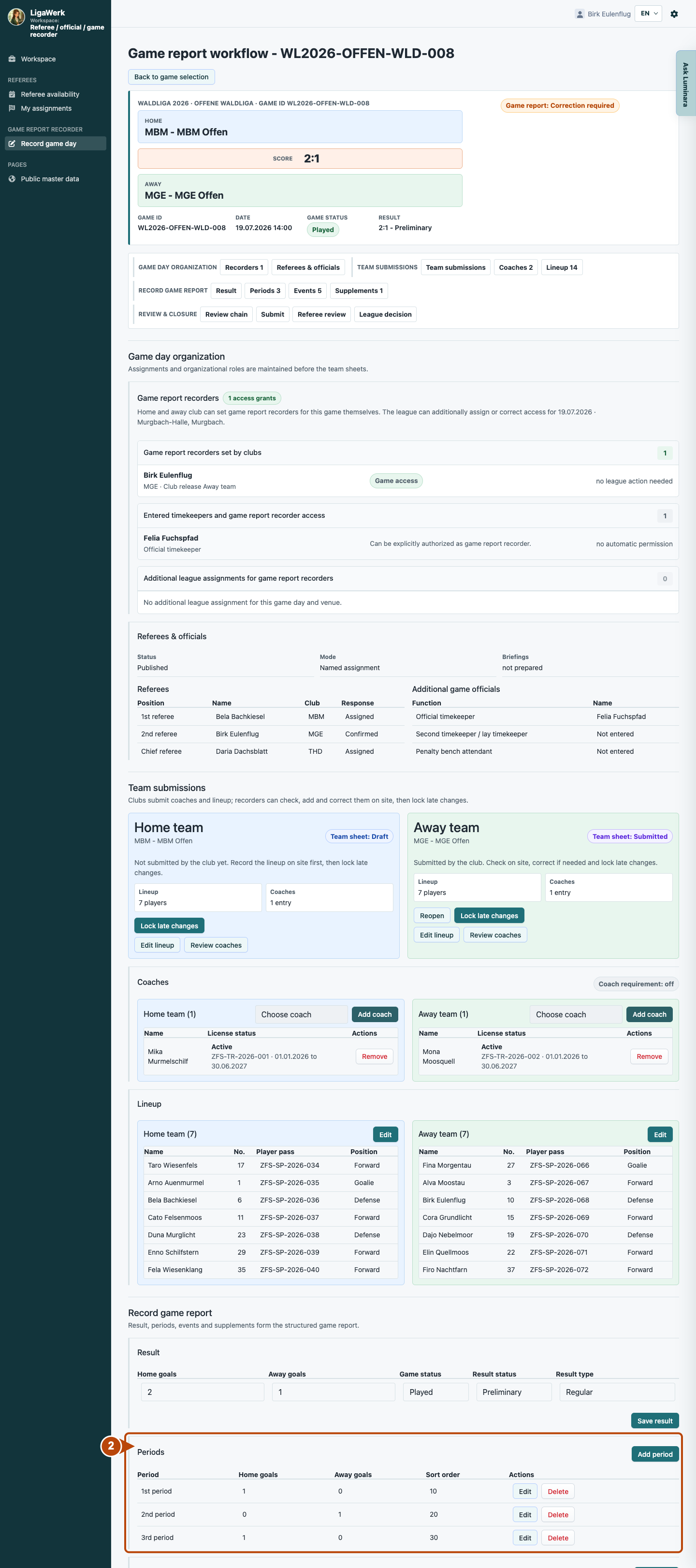 LigaWerk in the game recorder workspace: check and correct the relevant details; number 2 highlights the relevant section.