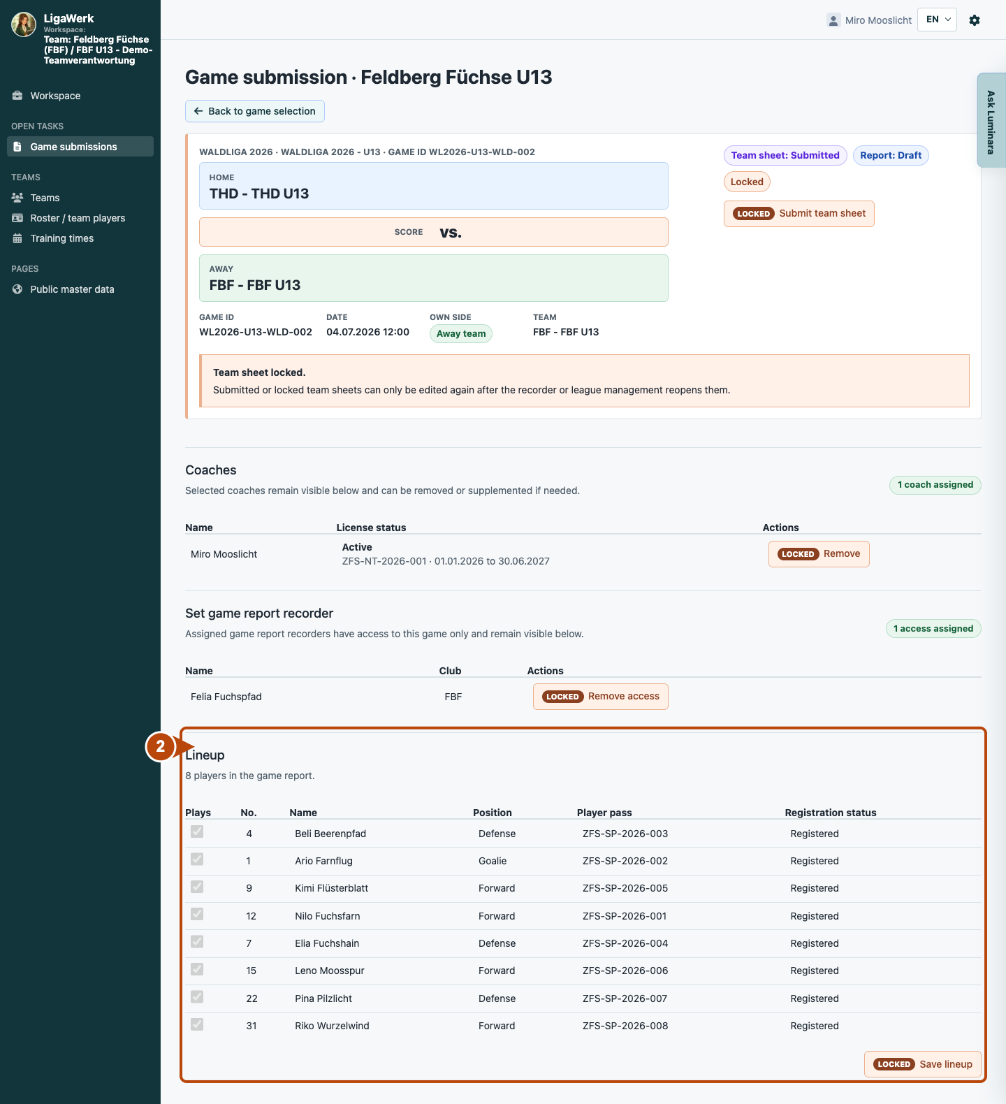 LigaWerk in the coach workspace: check details and clarify the query; number 2 highlights the relevant section.