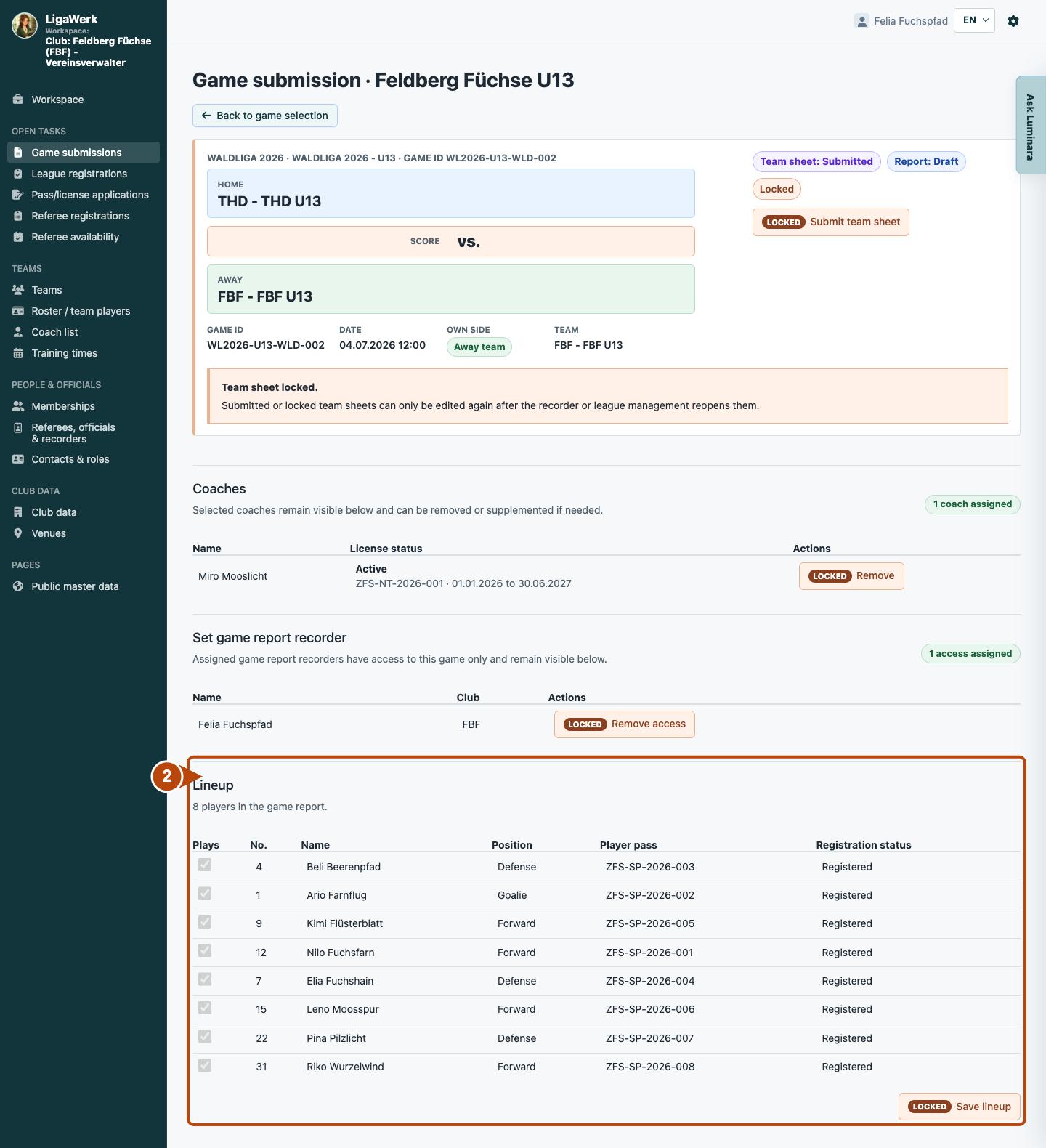 LigaWerk in the club manager workspace: check details and clarify the query; number 2 highlights the relevant section.
